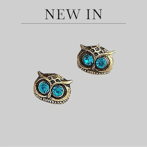 💝 New Blue Rhinestone Whimsical Owl Head Earrings Gold Tone Alloy Stud Earring - Picture 2 of 5